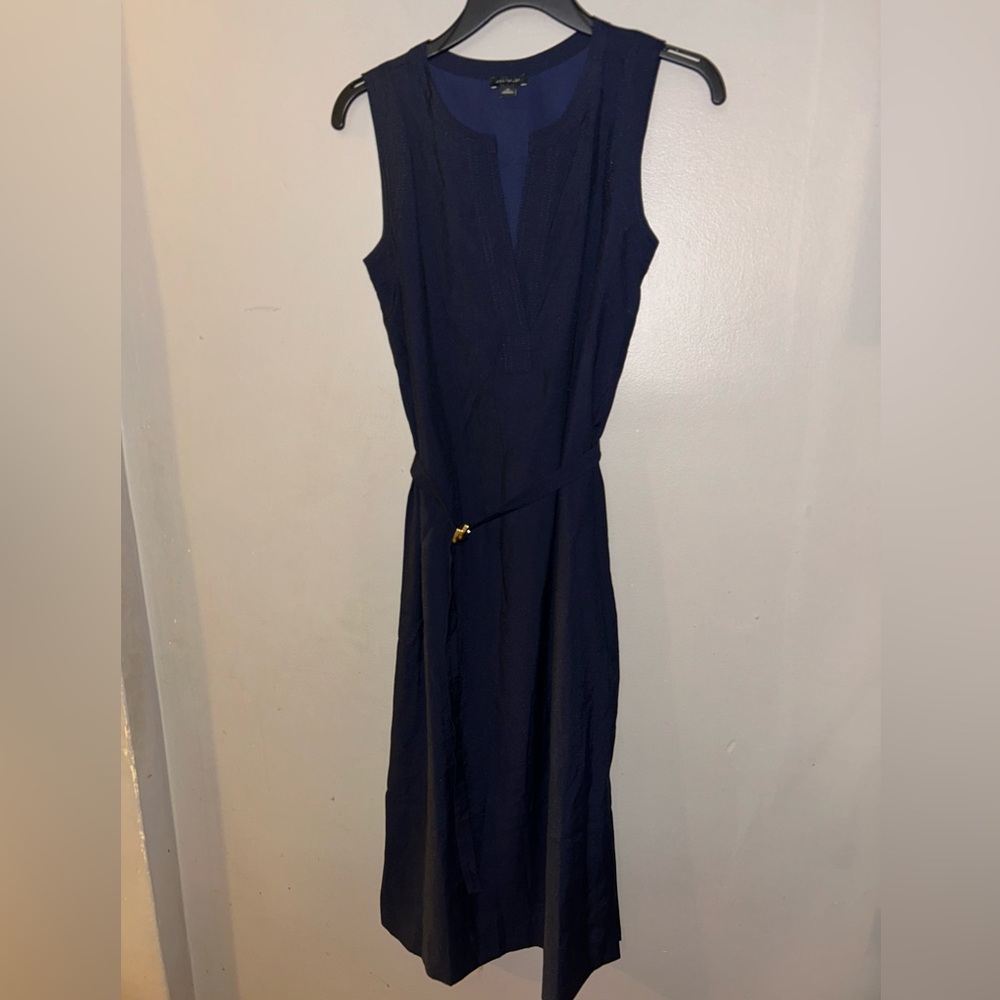 Ann Taylor Dress - navy blue sleeveless belted midi length - Picture 3 of 11